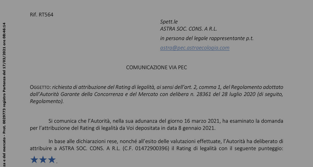 AstraEcologia rinnova il rating di legalità e passa da **++ a ***